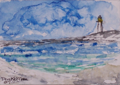 beach seascape lighthouse watercolor painting